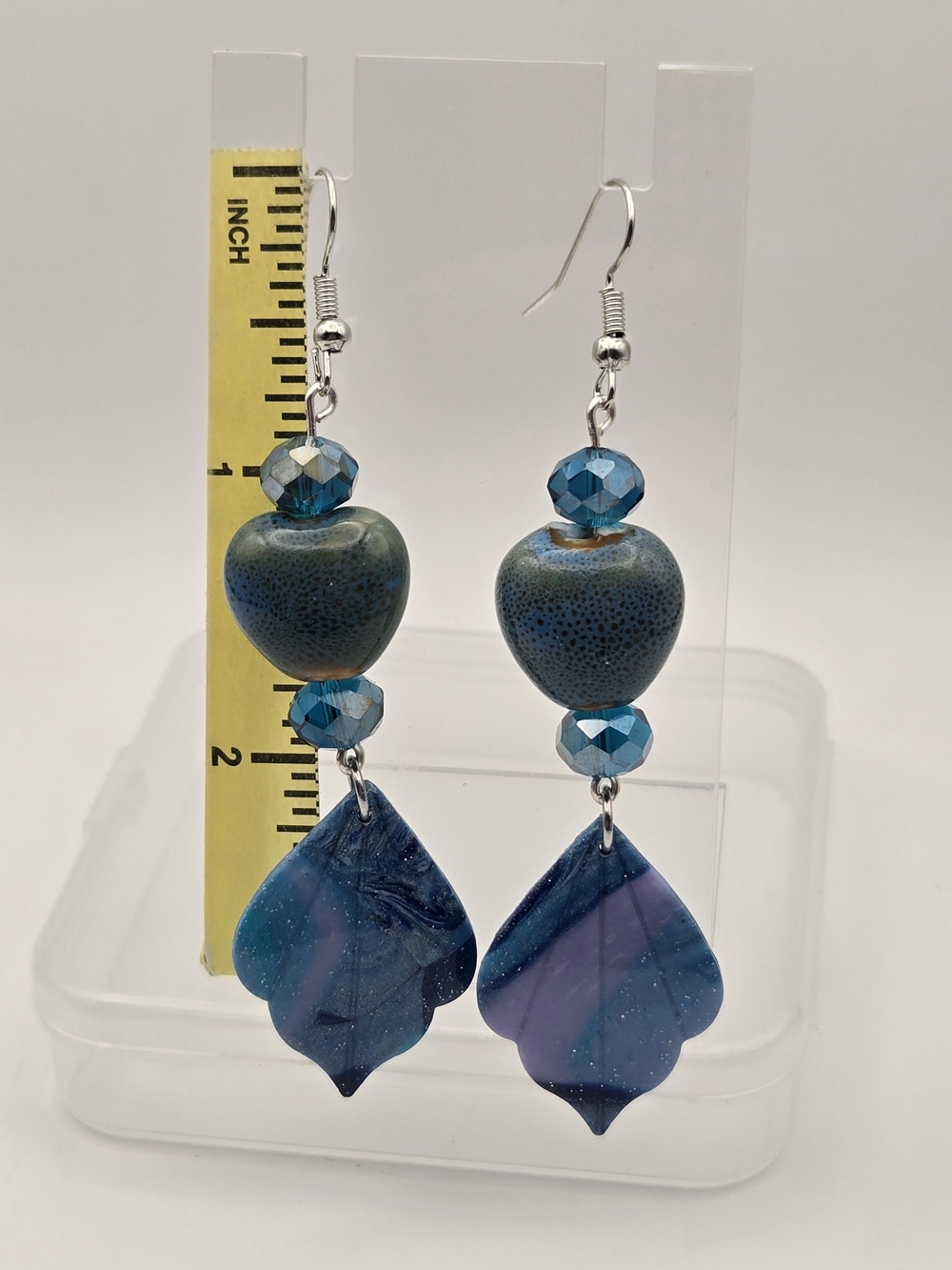 #B457- Blue Heart & Petal Drop Earrings - Artisan Glass Beads - Picture 2 of 4